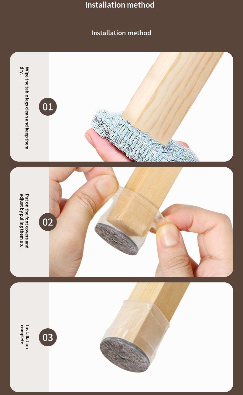 Step-by-step installation method for furniture chair and table transparent clear leg protectors. Easy to install without glue.