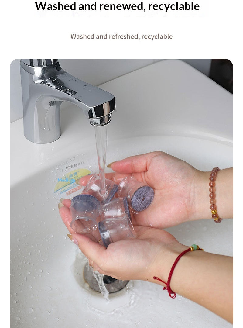 Person washing reusable furniture leg protectors. Chair and table leg protectors.