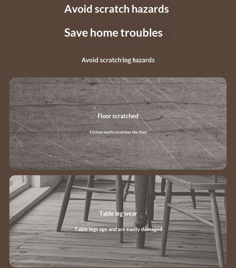 Product advertisement showing scratch hazards on floor and table.