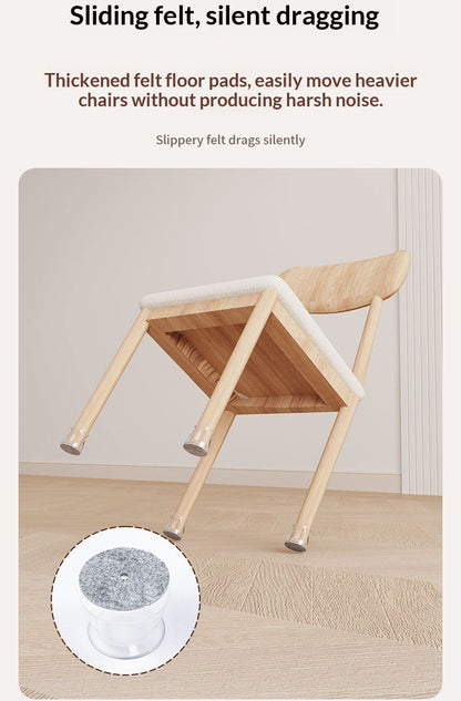 Wooden chair with felt floor pads on a light wooden floor, with text describing the product feature. Furniture chair and table transparent clear leg protectors. Easy to install without glue.