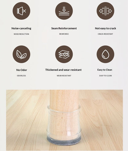 Wooden surface with product features listed above it. Furniture leg protector.